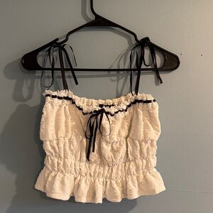 Forever 21 Cream Ruffled Crop Top with Black Accents